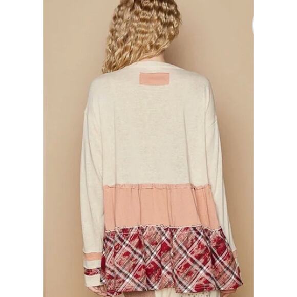 Pol Large Plaid Buton Down Pink Cream Red Long Sleeve Thermal - Picture 3 of 3